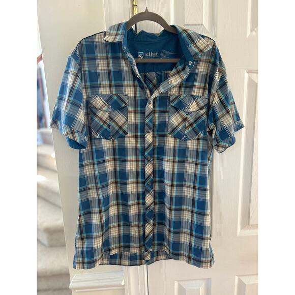 Kuhl Eluxur Blue Plaid Button Front Short Sleeve Outdoor Shirt - Picture 1 of 6